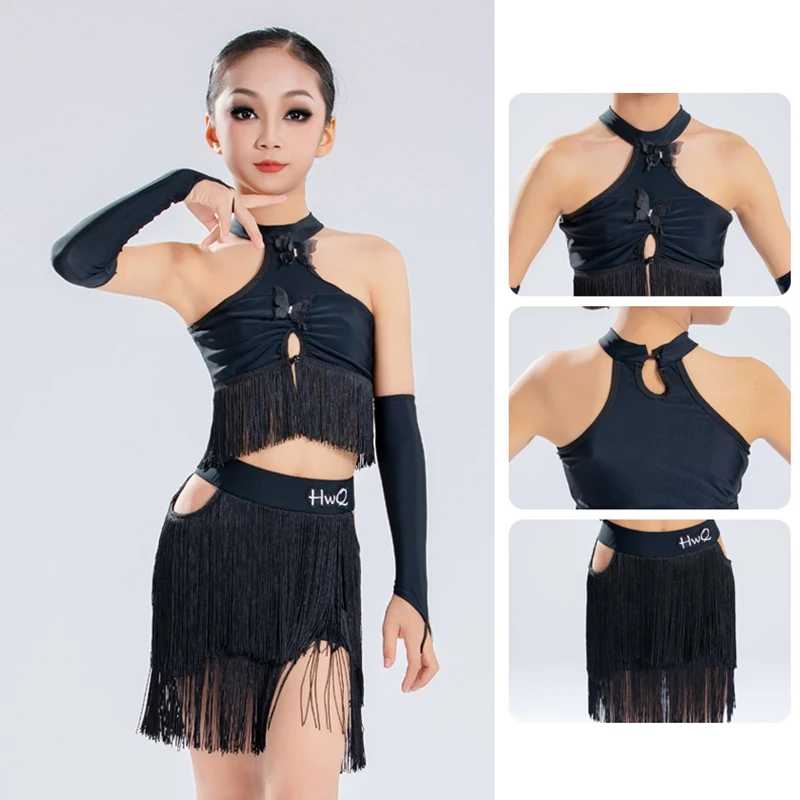 

Black Latin Dance Suit Kids Sleeveless Tops Fringe Skirt Samba Rumba Performance Outfit Practice Wear Girls Latin Dress Red 1975