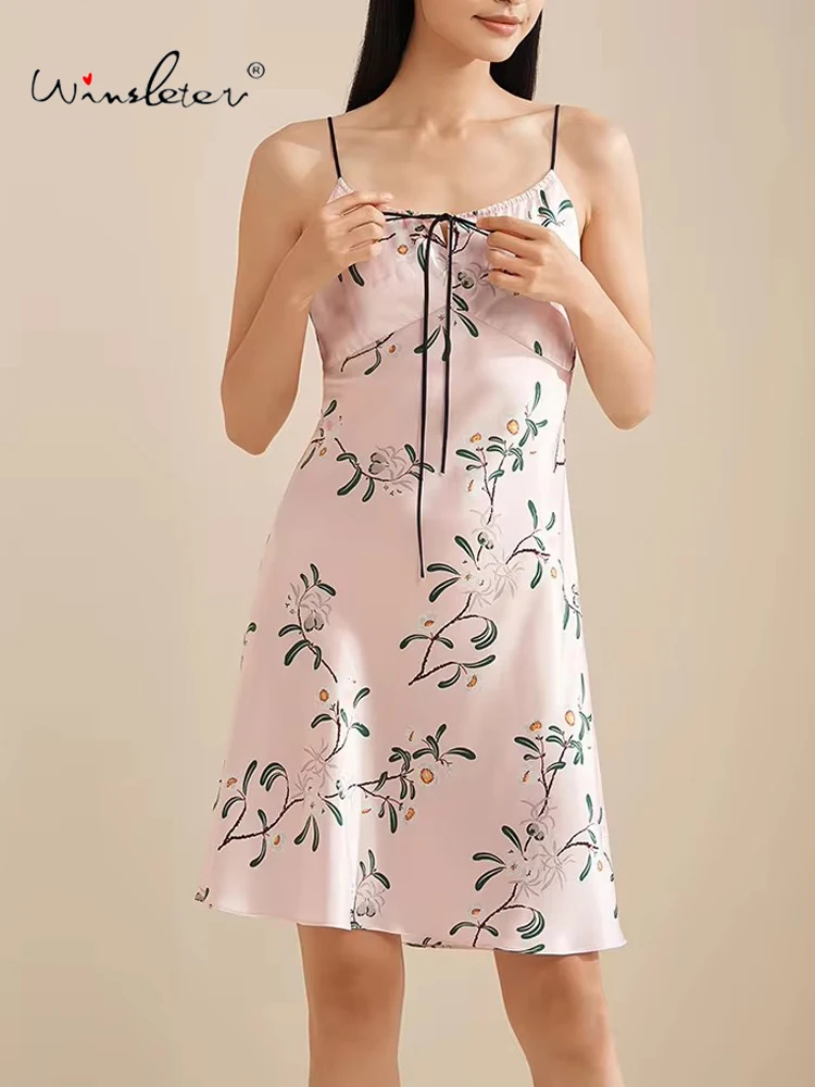 

Winsleter,Women Spaghetti Strap Print,Pleating OL Pajama Dress,100%Mulberry Silk Elegant Nightgown,2024 Summer Fall P47447QC