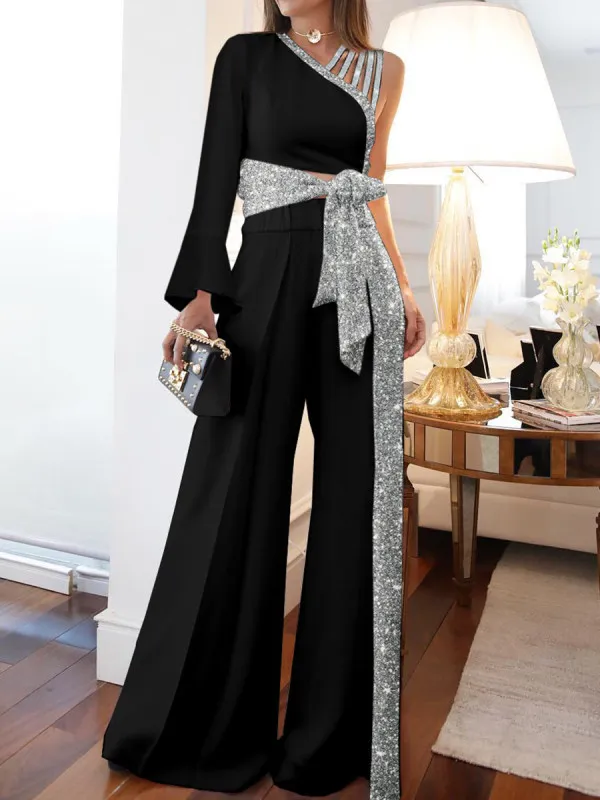 Elegant Women Jumpsuits Casual Long Sleeve One Shoulder Shiny Wide Leg Jumpsuit Lace Up Loose Wide Legs Romper High Streetwear