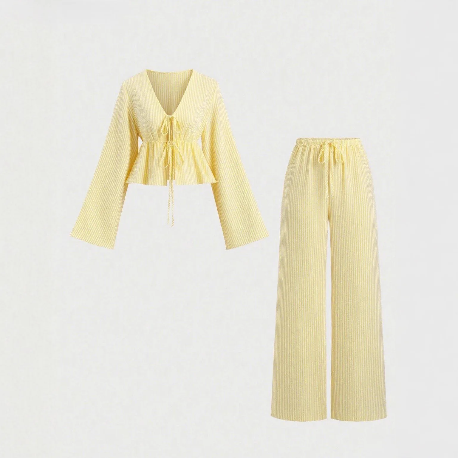 

Женский комплект для отдыха из 2 предметов: полосатый топ с завязками и брюки, уютная домашняя одежда с длинными рукавами