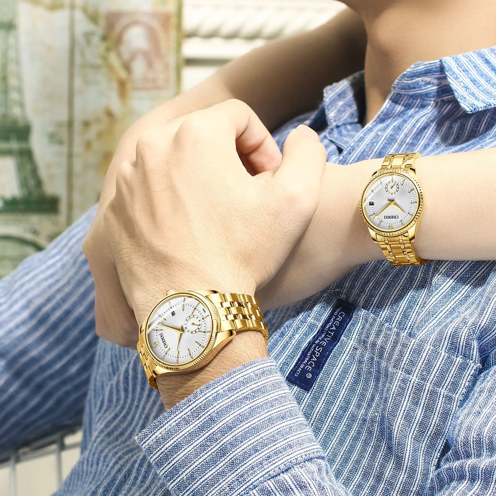 

All-gold Couple Watch Two-pin and Half Calendar Light Luxury Trend Explosion Men's and Women's Quartz Watch