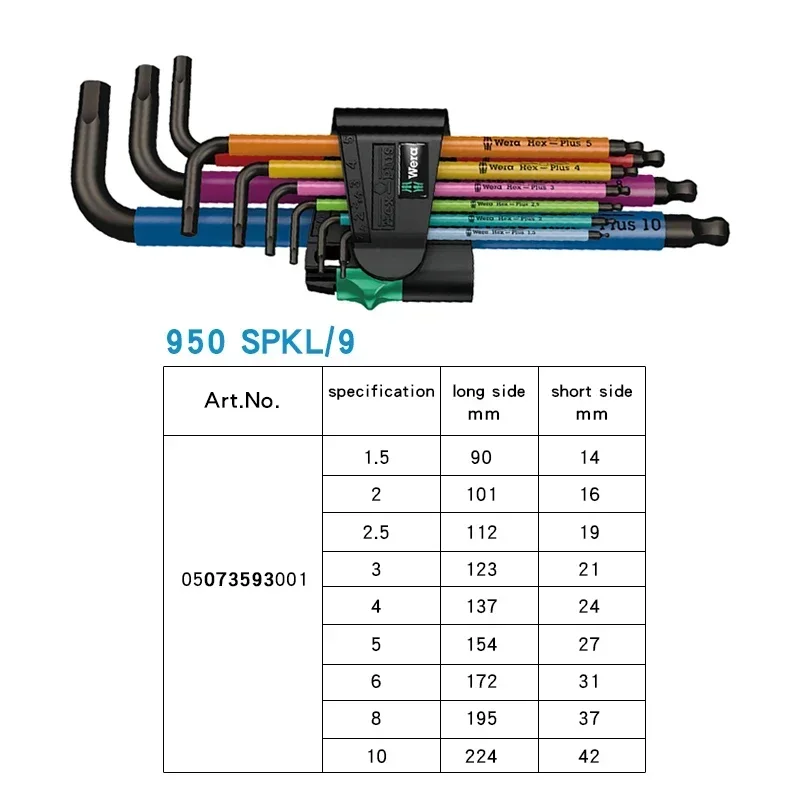 WERA  No.05073593001 950 Tools 9 Pieces Metric Long Arm Hex Key Sets Multicolour L-Key Set  SPKL/9 SM N SB BlackLaser