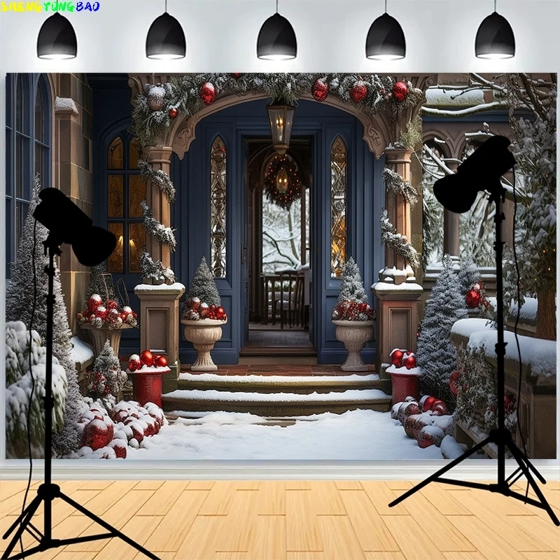 Christmas Day Background Fireplace Living Room Decoration Snowflakes Pine Tree Family Party New Year Photography Backdrops XH-04