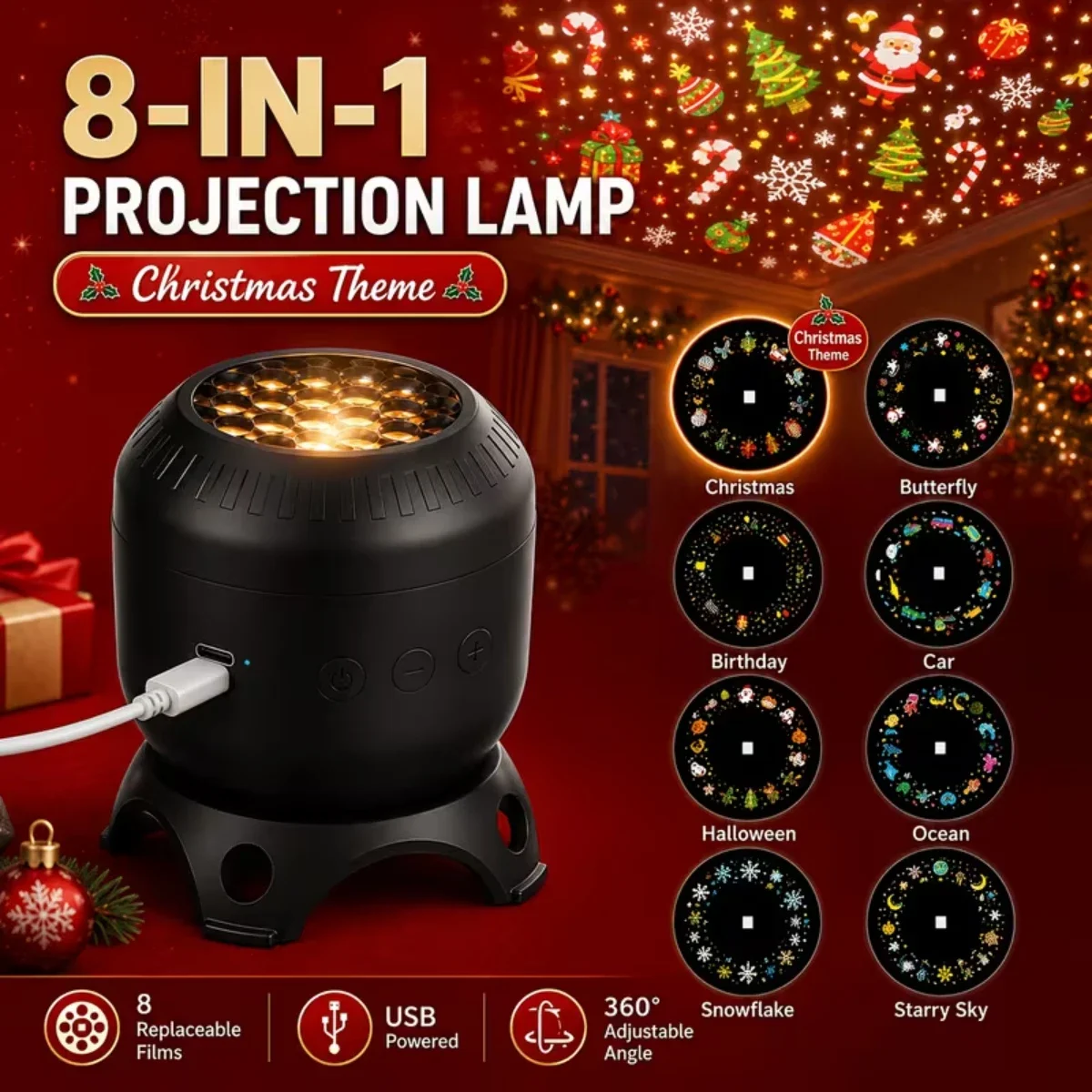 LED Christmas HD Projector USB Powered 8 Patterns 360° Rotating Dynamic Projector Night Light for Bedroom Holiday Party Decor