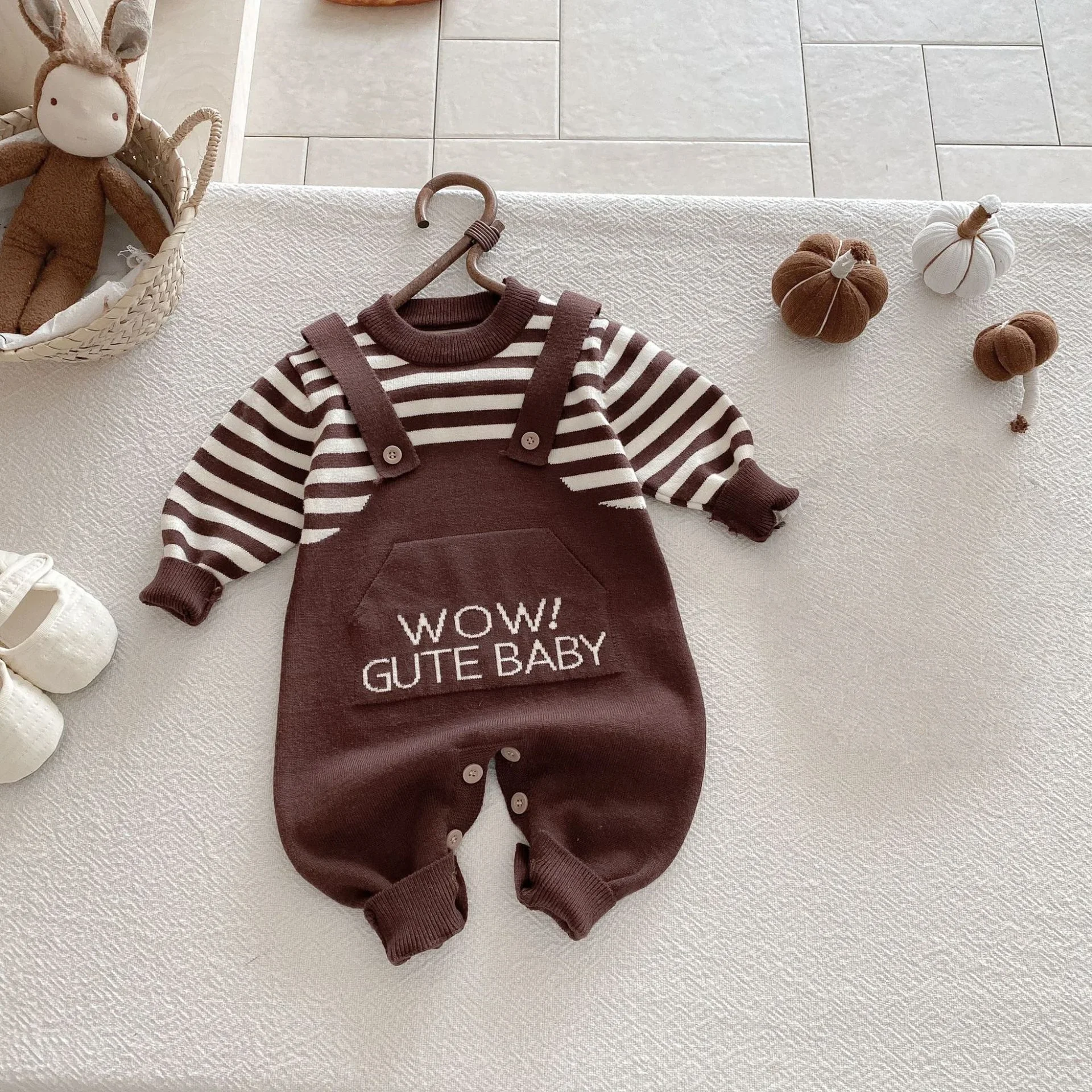 

Autumn Baby Knitted Romper Fake Two-Piece Striped Top Overalls Vintage Letter Print 0-2Y Baby Clothing