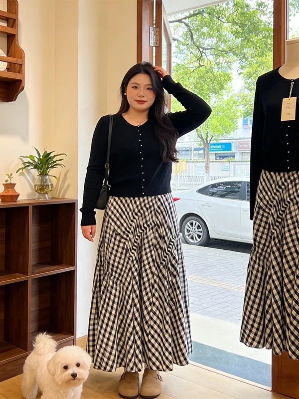 

Elegant plus Size Women's Outfit Black V-Neck Long Sleeve Top Plaid Skirt Two-Piece Set Spring Fashion Commute Style