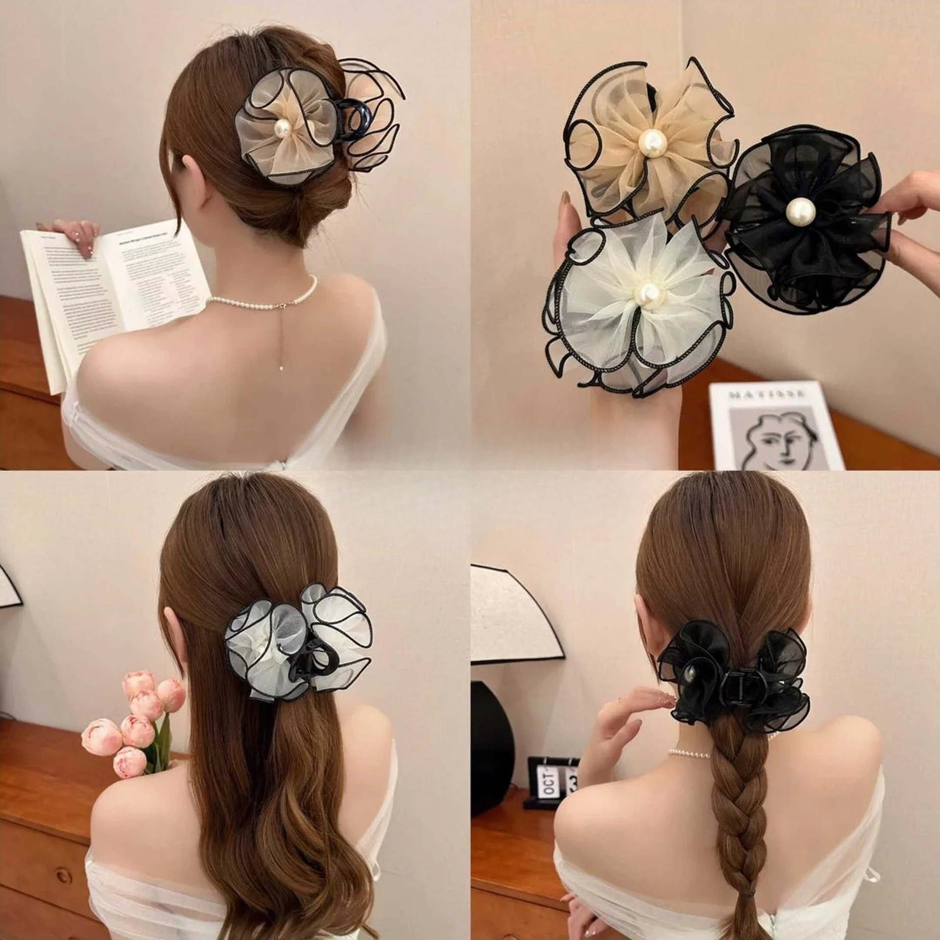 Mesh Flower Pearl Hair Claw Clip Women Girls Sweet Elegant Ponytail Hairpin Vintage Hairgrip Acrylic Girl Hair Style Accessories