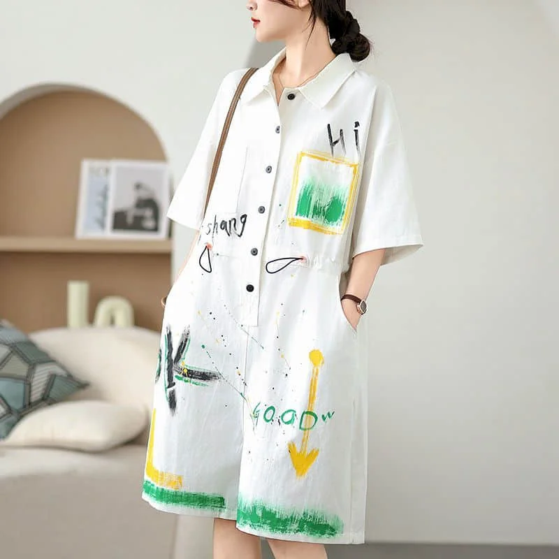 

Denim Jumpsuits for Women Short Sleeve Casual Painted Graffiti Vintage Loose Wide Leg Jeans One Piece Outfits Women Clothing