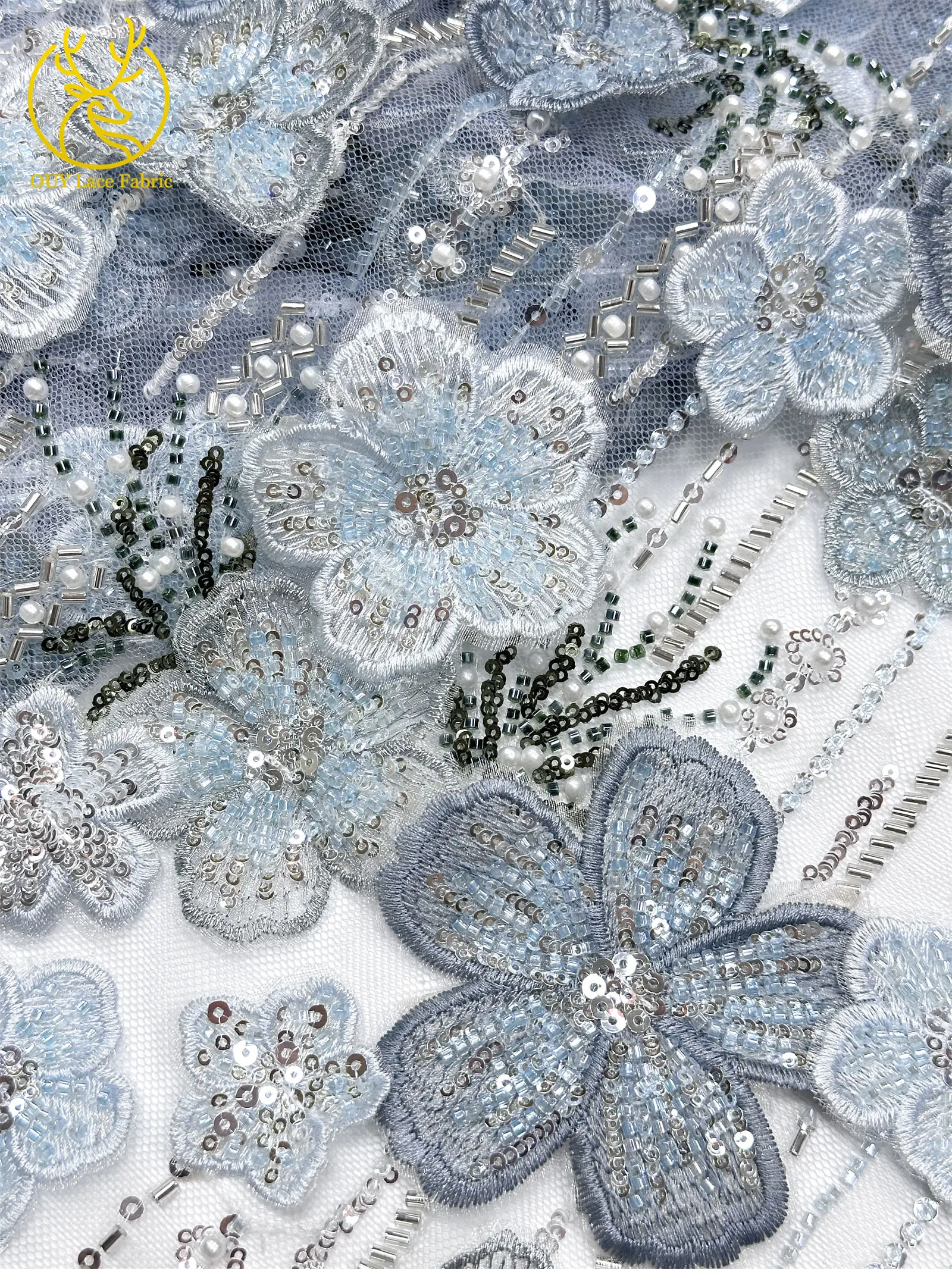 Maßgefertigter Luxus 3D Handbestickter Blumen-Spitzenstoff Hochwertige Afrikanische Perlen-Pailletten-Spitze für Hochzeitskleider und Näharbeiten – Detail 18