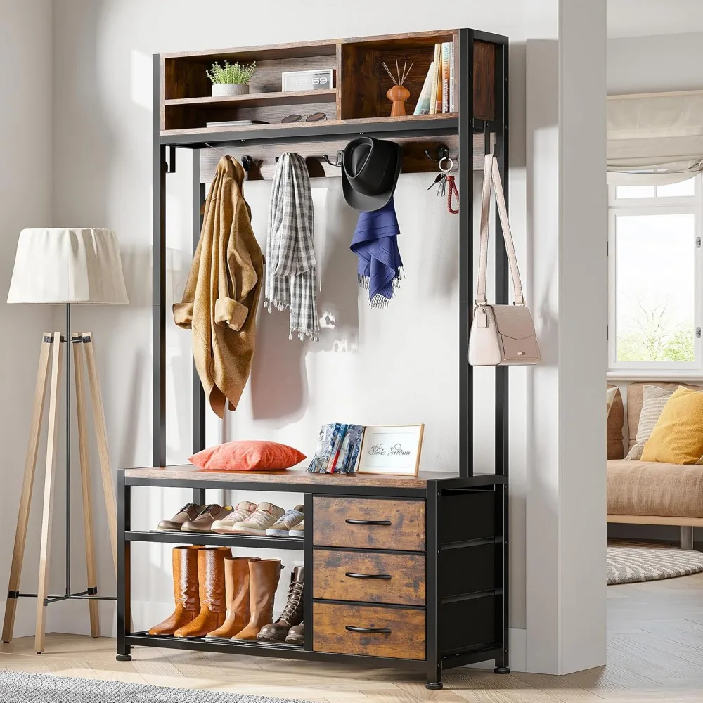 

Hall Tree with Bench and Shoe Storage, Coat Rack Freestanding with 3 Fabric Drawers, Entryway Bench with Shoe Storage, Hall Tre