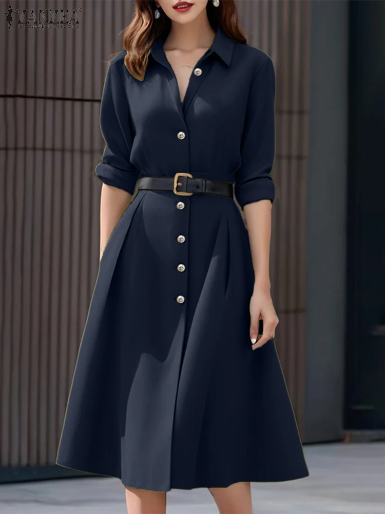 2025 ZANZEA elegante vestido camisero de otoño para mujer elegante Vestidos de trabajo OL de manga larga vestido veraniego de cintura alta sólido una línea Vestidos de fiesta