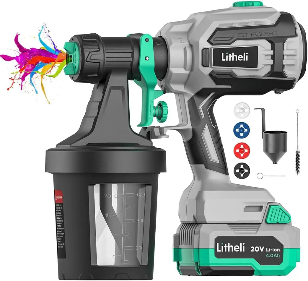 Litheli Hvlp Paint Sprayer With Brushless Motor, 20V Cordless Paint Gun With 4.0 Ah Battery & Charger & 4 Nozzles & 800Ml