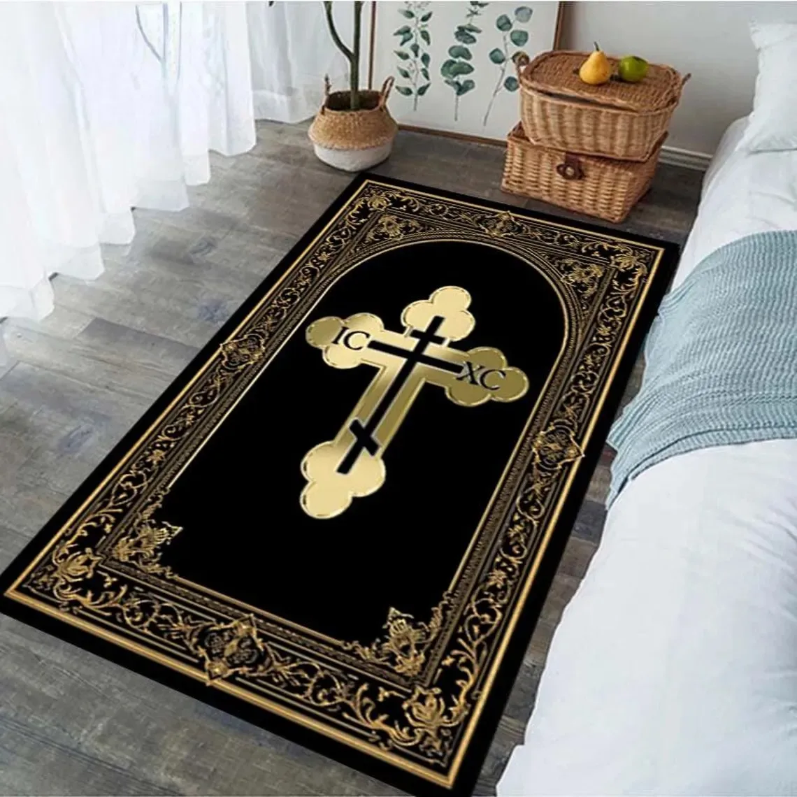 Tapis de prière orthodoxe, tapis religieux, tapis à motif byzantin grec, tapis d'église noir et or, décoration chrétienne pour la maison
