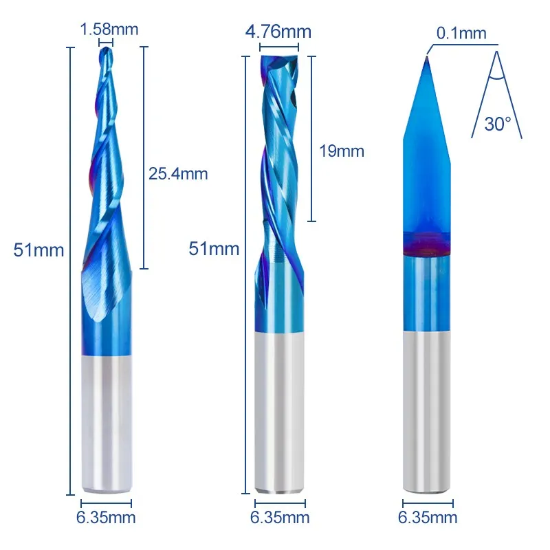 XCAN Engraving Bit 3pcs 1/4 Shank Wood Milling Cutter Ball Nose Tapered End Mill UP&DOWN Cut Milling Bit CNC Router Bit