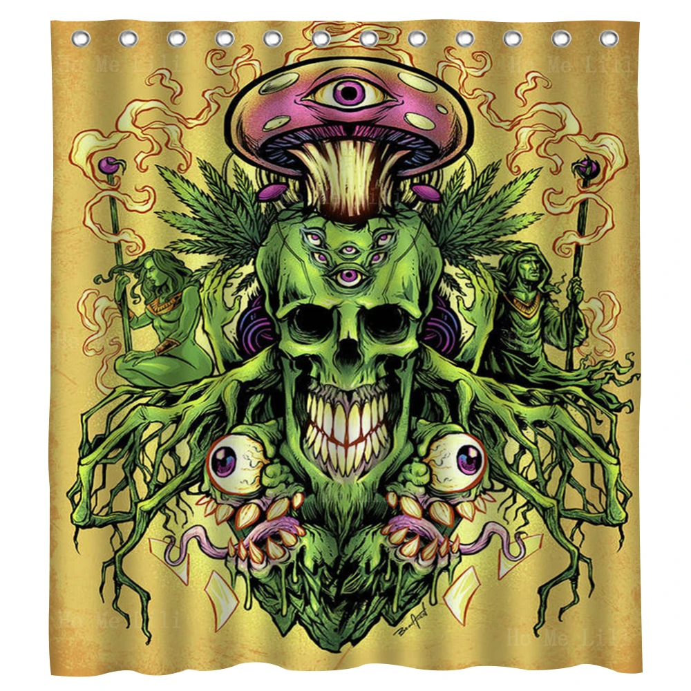 Devil Horns Winged Weed Skull And Psychedelic Evil Mushrooms With Hooks Shower Curtain By Ho Me Lili For Bathroom Decor