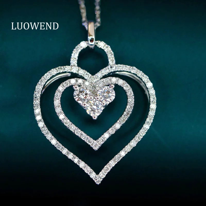

LUOWEND 100% 18K White/Yellow Gold Necklace Women Luxury Heart Shape Real Natural Diamond Pendant Necklace High Party Jewelry