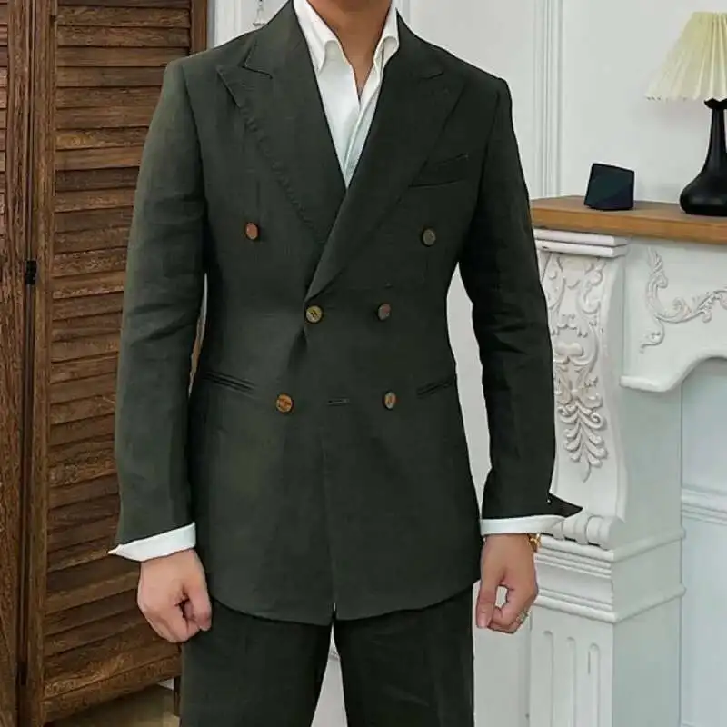 Luxury Linen Double Breasted Italian Suit For Men\'s Versatile Slim Fit Business Lapel Collar Retro Suit Green Brown 4 Colors