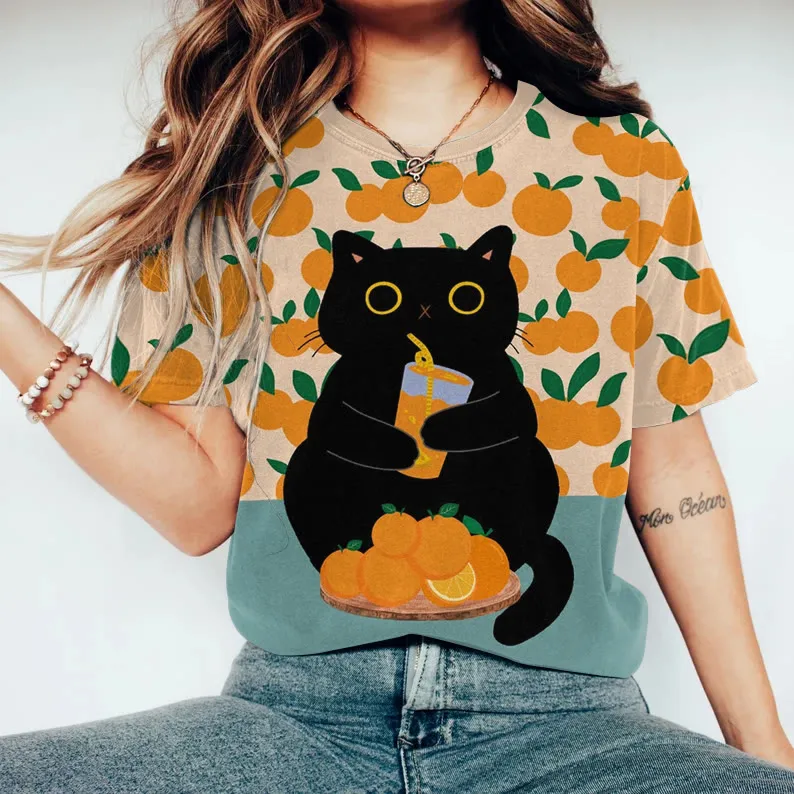 Funny Eat Noodles Black Cat Kitten Pattern Women O-Neck Short Sleeve Shirt Loose Breathable Shirt