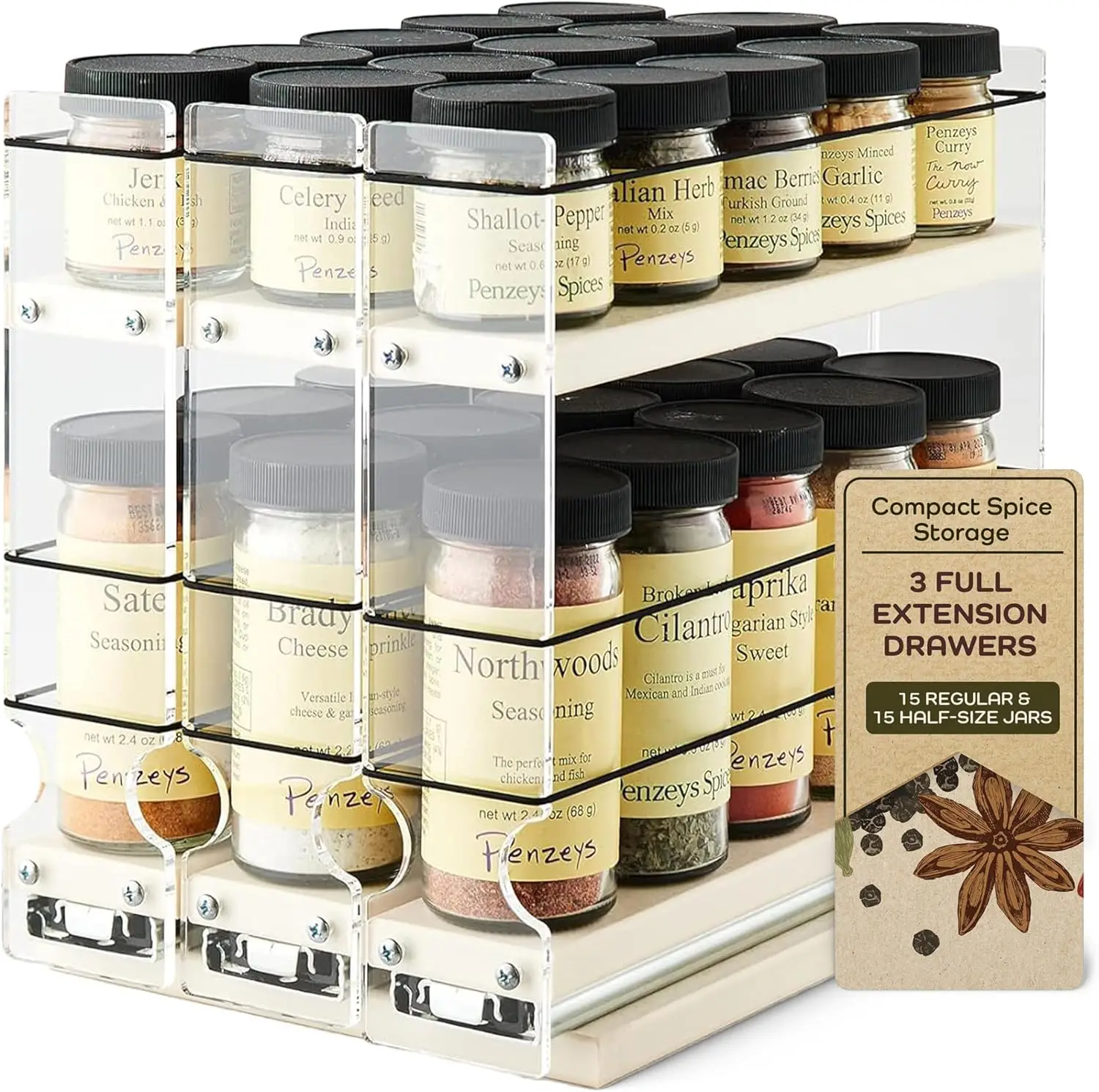 

Pull Out Cabinet Organizer - Cupboard Organizers & Storage - Pantry Shelf -45 Half Sized Jars, 3 Drawers, 2 Tiers