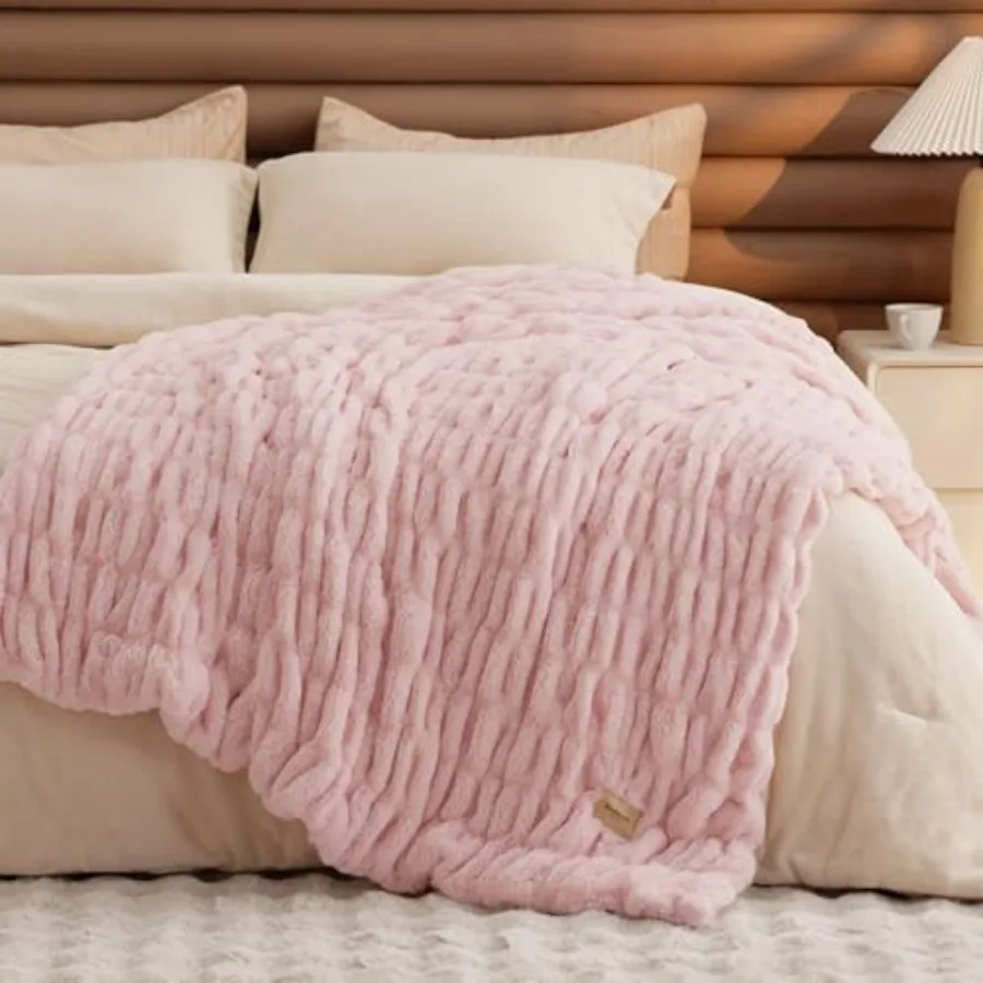 Gentlesoft Double-Sided Ruched Faux Fur Throw Blanket for Couch Cozy Soft Fuzzy Fluffy Faux Rabbit Fur Blanket Luxury Gifts for