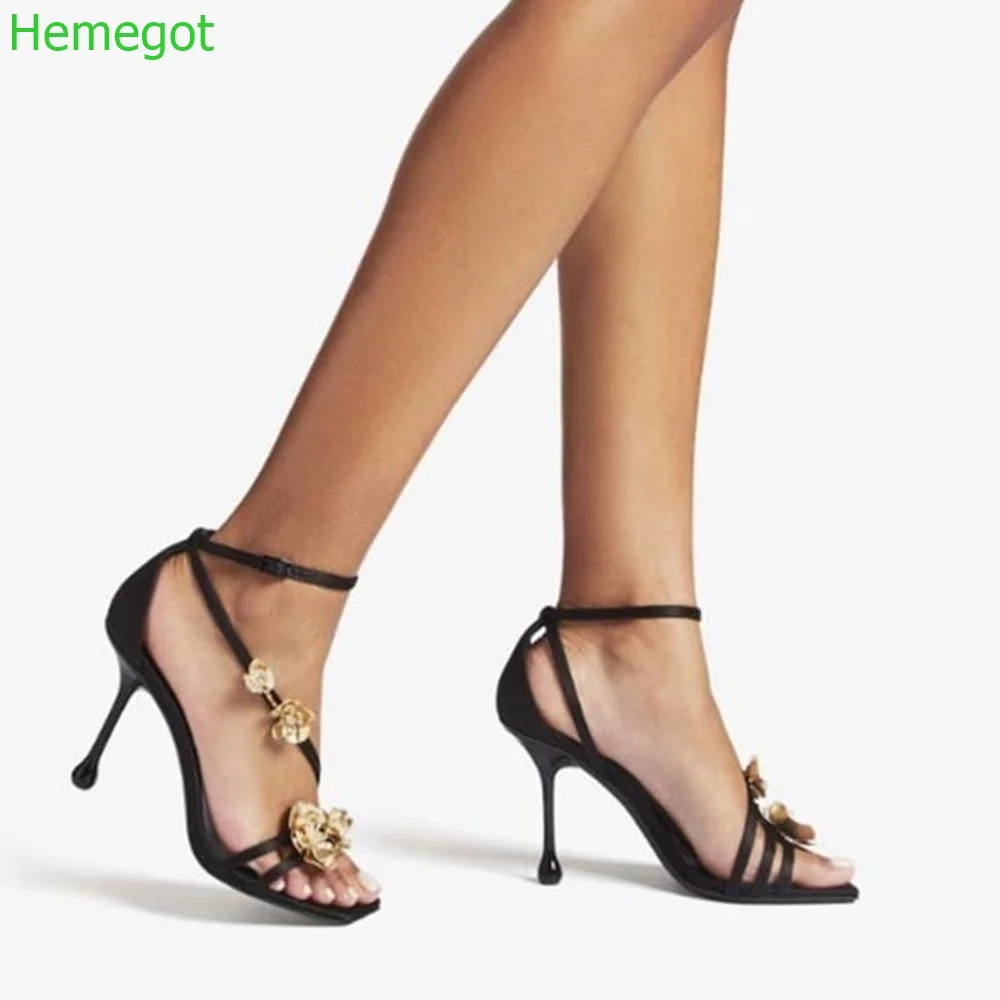 

Gold Rose Pearl Open Sandals 2024 Summer New Banquet One-Word Strap Buckle Stiletto Heels Black Plus Size Sexy Women Sandals