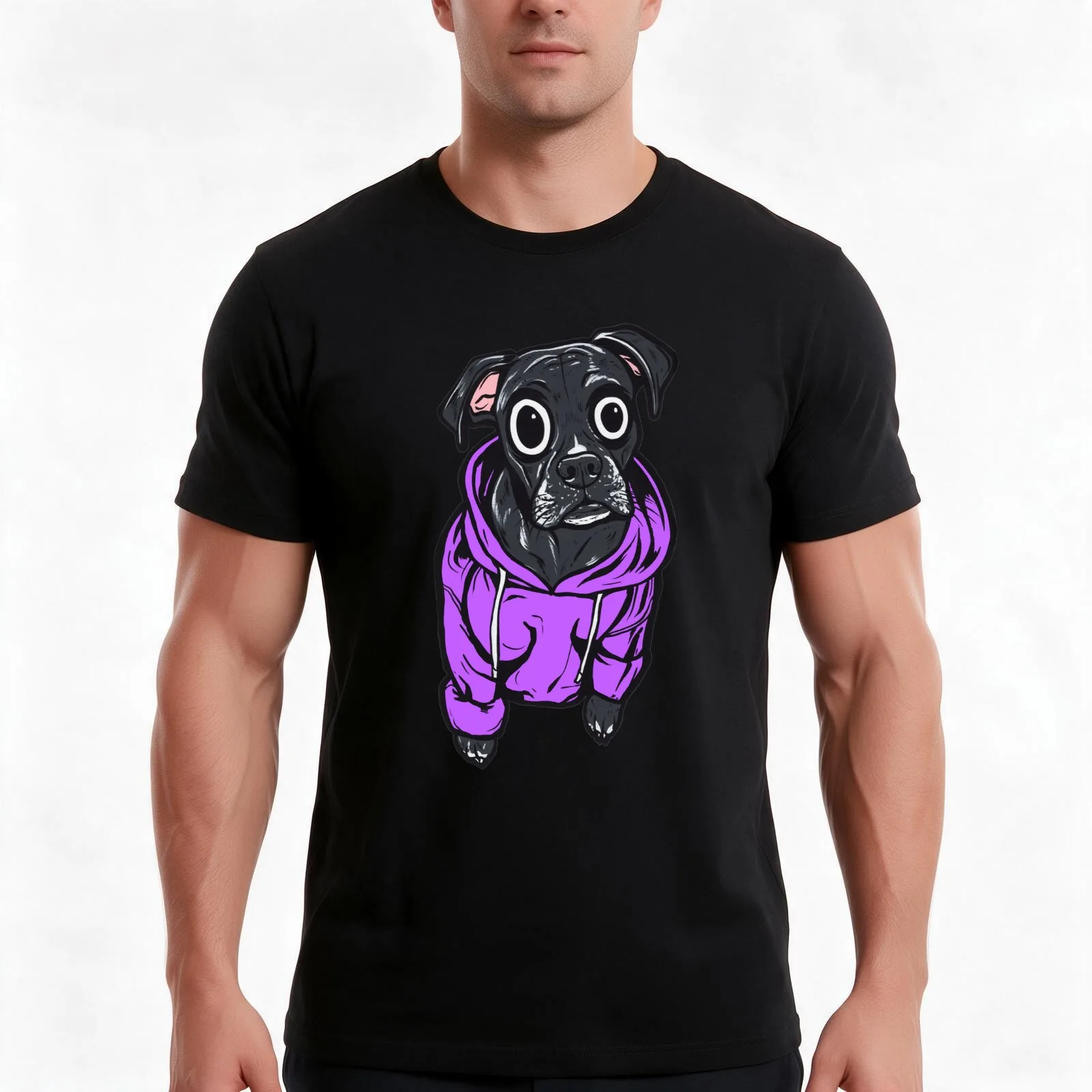 Black Boxer Dog Hoodie T-Shirt, Summer Casual Cotton Tee, Oversized Streetwear Tops, Vintage Graphic Print, Unisex Men Women