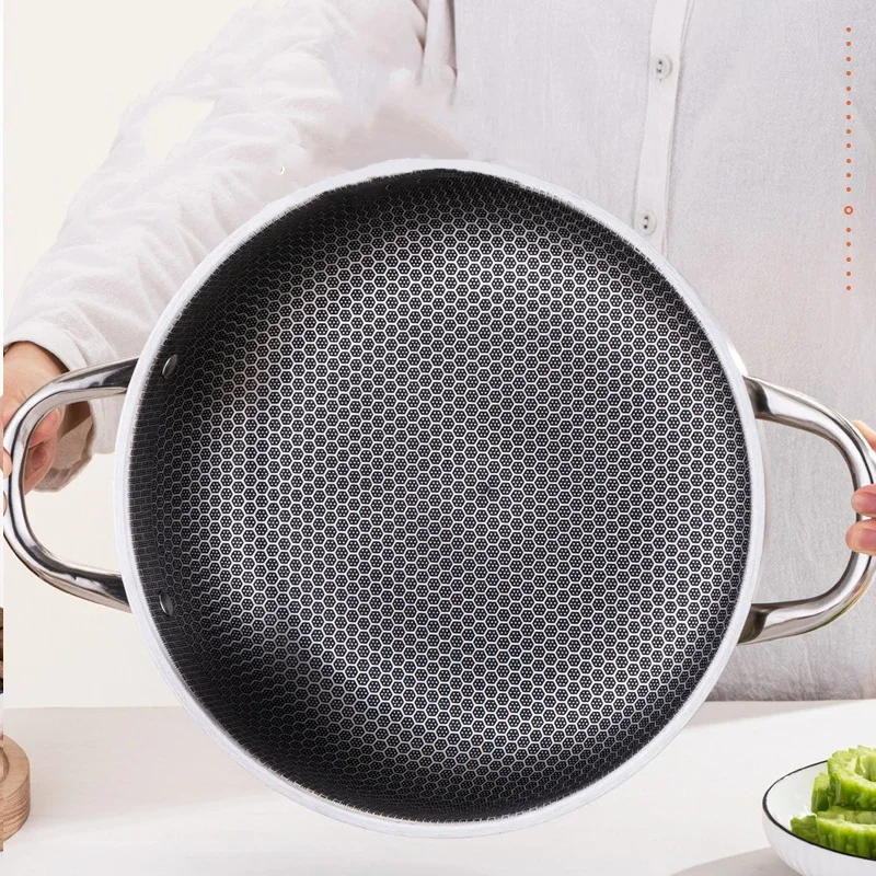 High Quality 410 Stainless Steel Frying Pan Food Grade Honeycomb Nonstick Wok With Double Ears Home induction cooker frying pan