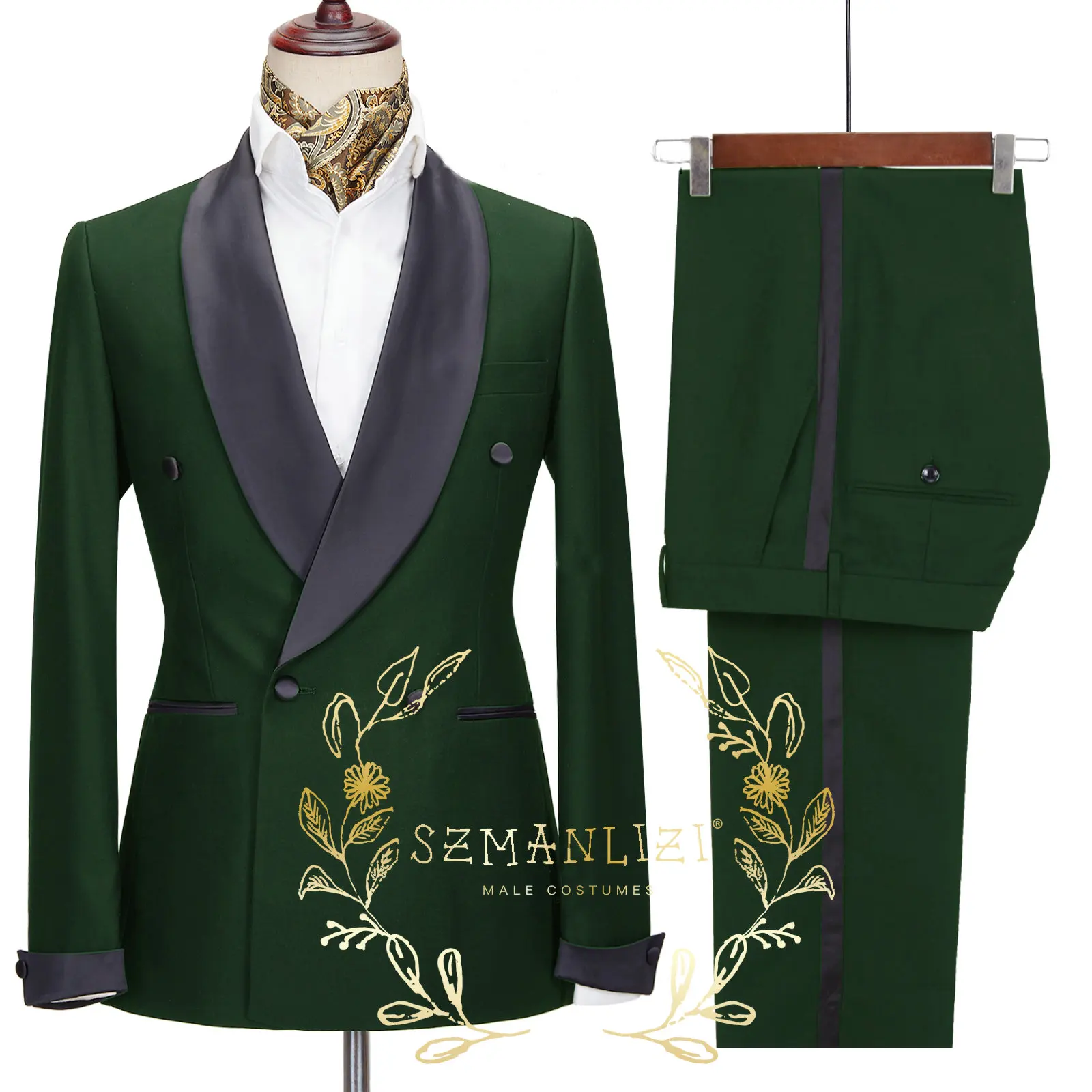 

Dark Green Men Suit Slim Fit Fashion Designs Double Breasted Tuxedos for Men Custom Wedding Party Jacket Pants 2 Pieces Set