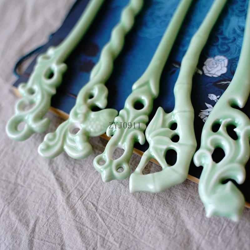 * Vintage keramik jepit rambut elegan tongkat rambut Hanfu Cina aksesoris rambut sederhana tiara Vintage Cheongsam dekorasi perhiasan rambut