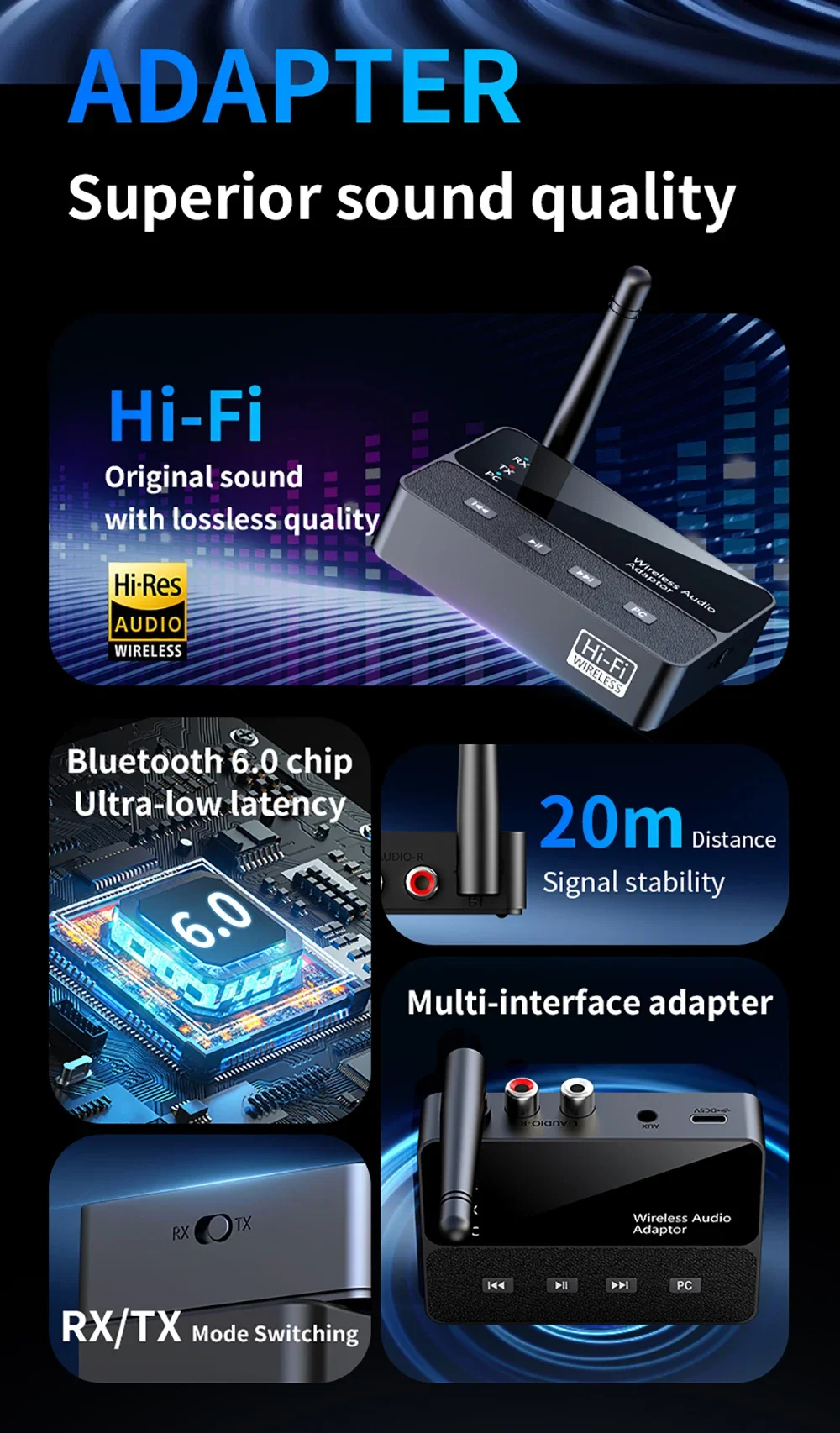 Kebidumei Drahtloser Audio-Adapter, Bluetooth 6.0-Empfänger, Sender, HiFi, verlustfreier Klang, Stereo-Musik, 3,5 mm AUX-RCA-Buchse für PC-TV – Detail 2