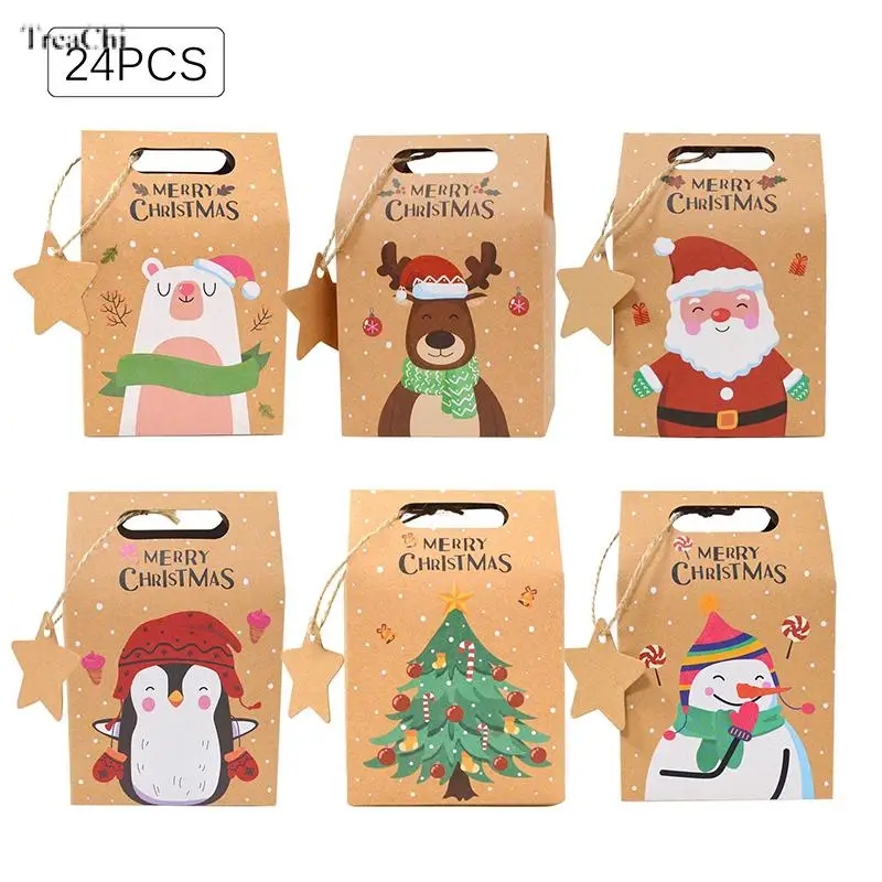 Creative Christmas Candy Gift Packaging Box Snowflake Santa Claus Pattern Paper Bags Kraft Festival Gift Boxes 24Pcs Wholesale