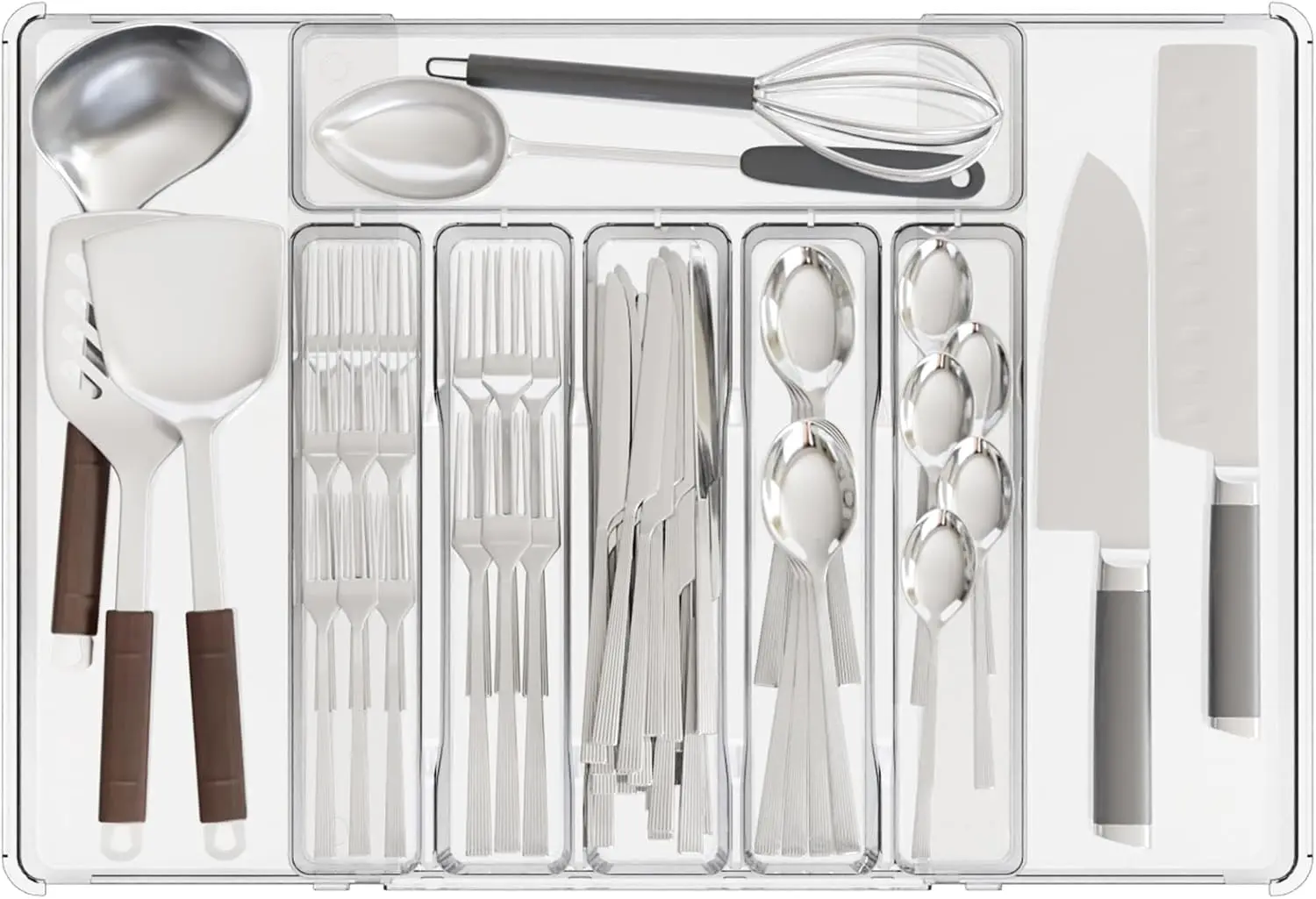 

Clear Expandable Silverware Drawer Organizer - Adjust From 11'' to 22'' - Knife,Cutlery,Spoons and