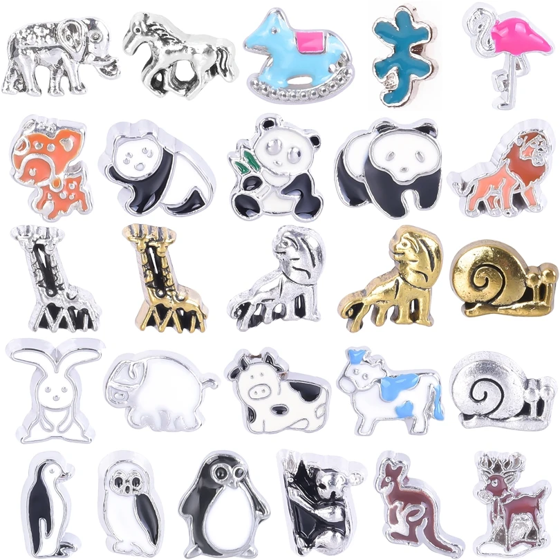 20Pcs Cute Animal Panda Giraffe Penguin Lion Rabbit Floating Charms Elephant Cow Pendant For Locket Relicario Necklaces Jewelry