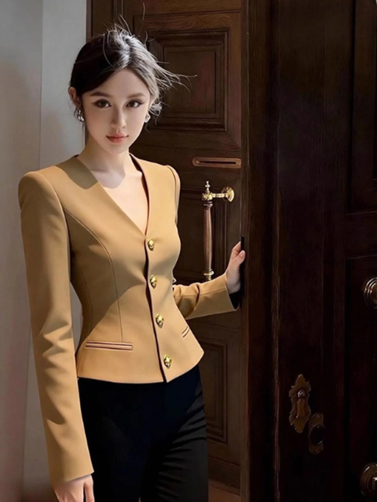 

Ele Long Sve Parka Coat Single Button Design Lazy Sle Winter Outerwear Korean Version Straight Cut V-Ne Camere