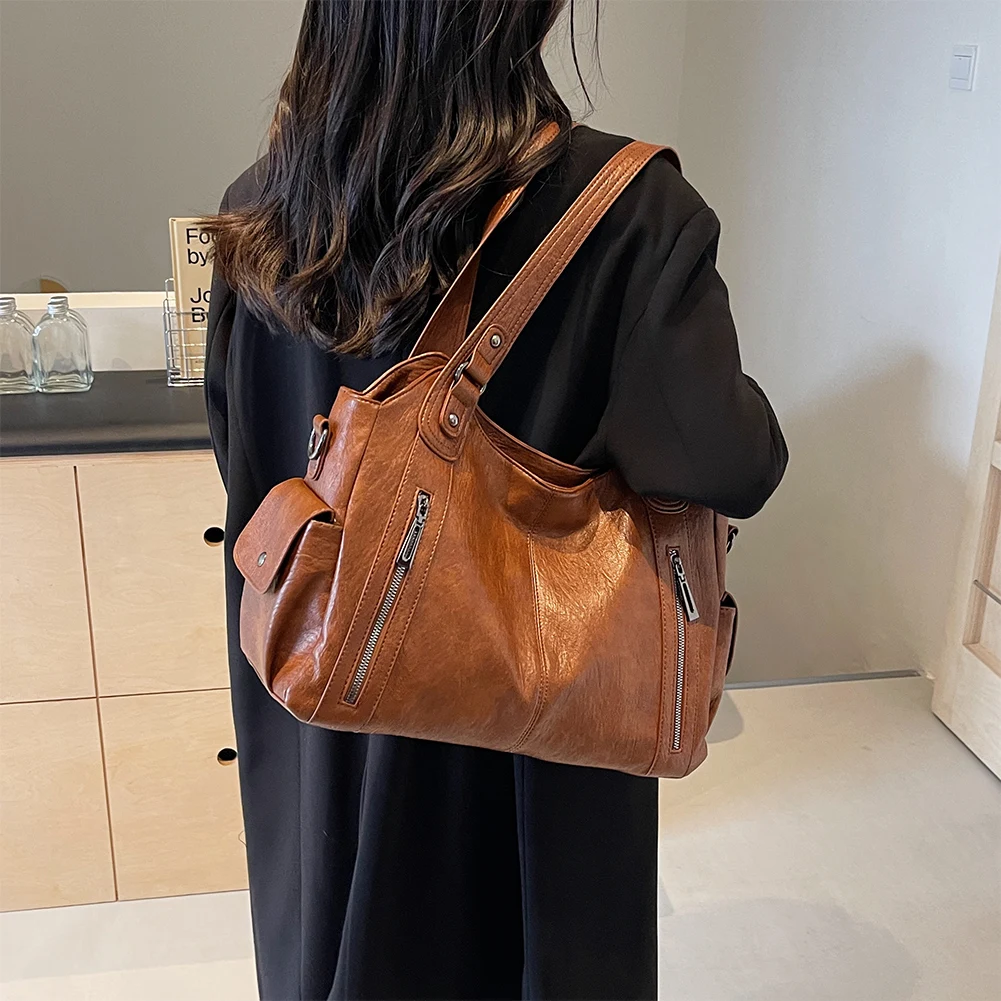 

Large Capacity Shoulder Tote Bag Multi-Pockets Crossbody Bag PU Leather with Zipper Messenger Bag Casual Versatile Retro Handbag