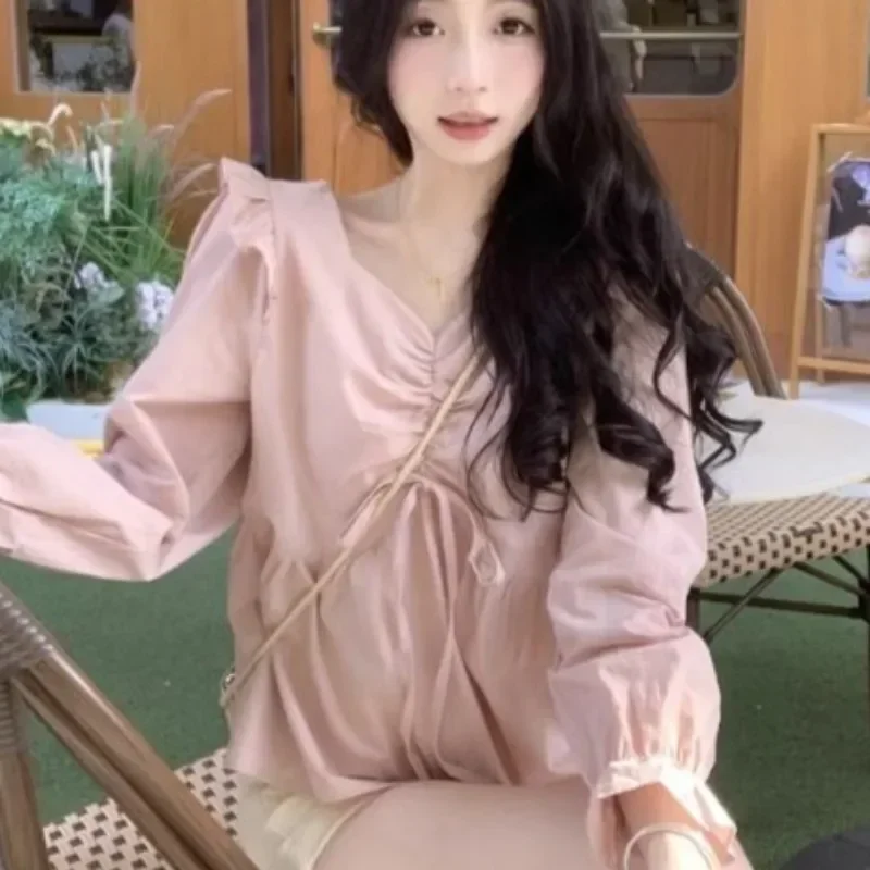 Blusas con cuello en V para mujer, estilo coreano, sencillo, liso, con cordones, sin espalda, diseño de nicho, elegante, moda para chicas Ins, manga larga de primavera