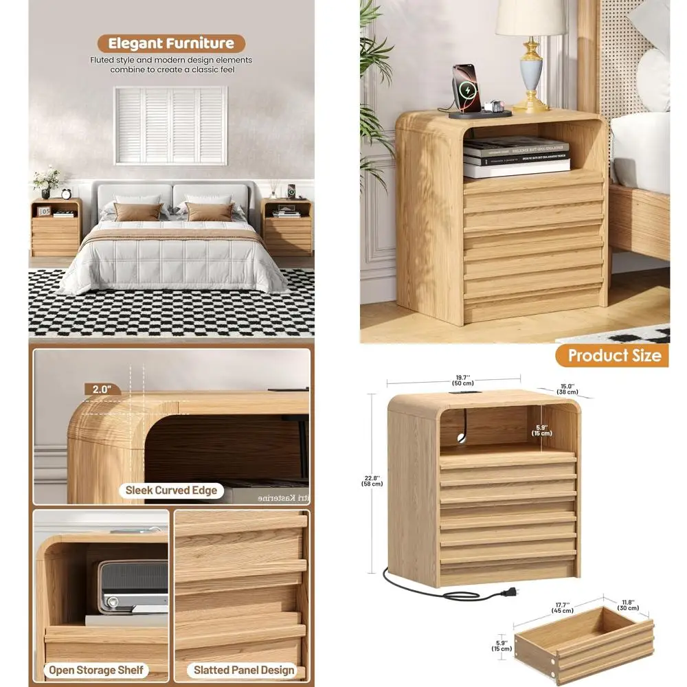 

Mid Century Modern Nightstand with Charging Station, 19.7 Wide Curved Table, Slatted Design, 2 Drawers & Top Shelf, Natural Oak