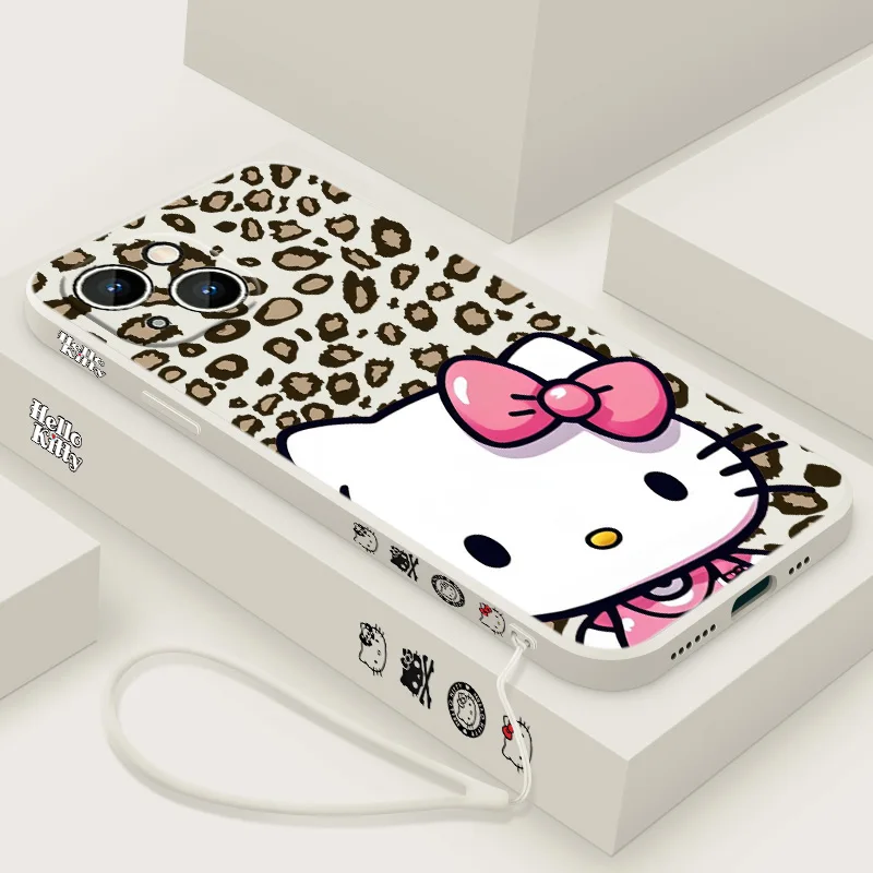 Leopard Cute Kuromi Hello Kitty Cover For Apple iPhone 16 15 14 13 12 11 8 7 Pro mini Max Plus Liquid Left Rope Soft Phone Case