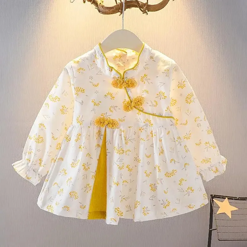 Vestido cheongsam manga comprida infantil, vestido de princesa, hanfu, roupa de menina, primavera e outono, novo