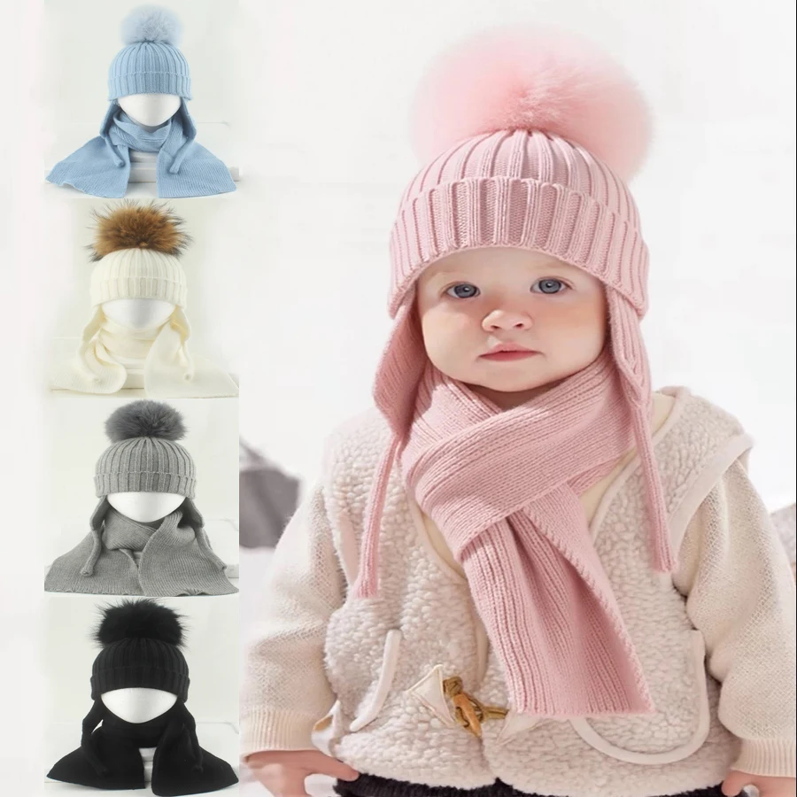 

Kids Winter Hat Scarf Set Boy Girl Real Fur Ball High Quality Knitted Wool Beanie Hat Ear Protection Warm Outdoor Baby Cap 1-6Y