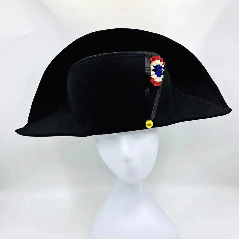 

Napoleon French Style Admiral Captains Bicorne Hat Cosplay Woolen Cap Black Men Adult Prop Accessories 59cm Head Size