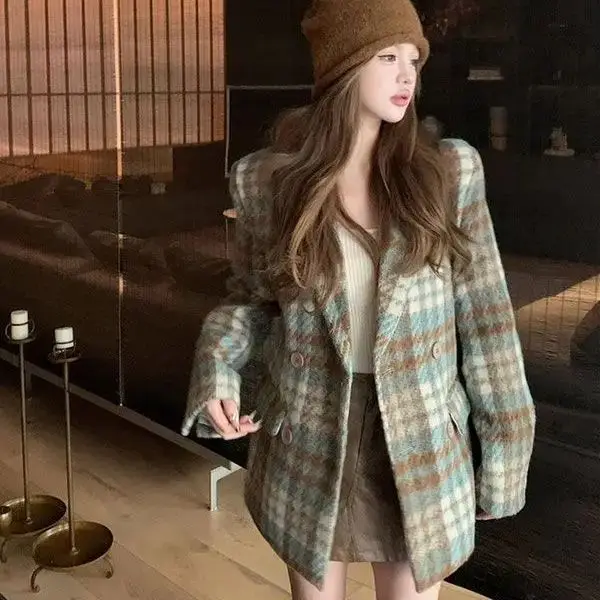 

Korea Retro Plaid Quilted Mid-Length Suit Woolen Coat Women'S Autumn Winter New Loose Long-Sleeved Woolen Jacket