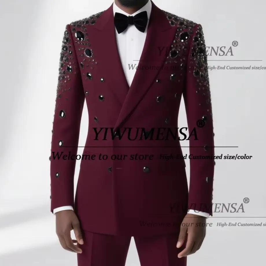 

Роскошные мужские костюмы с бисерными камнями, комплекты из 2 предметов, двубортный пиджак, брюки, индивидуальные свадебные смокинги для жениха, мужская модная одежда