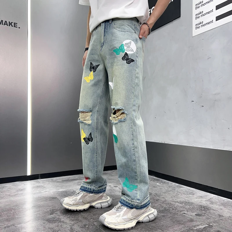 

Y2K Washed American Butterfly Printed Jeans Men's Ripped Trendy High-End Korean StyleinsLoose Straight Wide Leg Mop Trousers