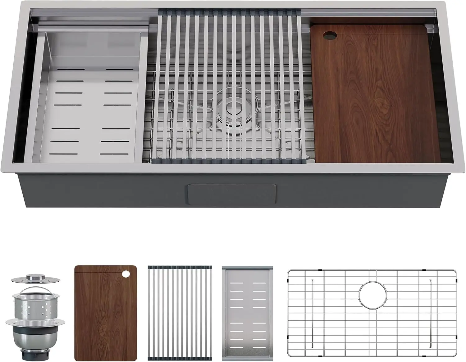 

Кухонная мойка-рабочая станция подстольного монтажа 45x22 дюйма, из нержавеющей стали 304 (16 калибр), с одной чашей, разделочной доской и сушилкой