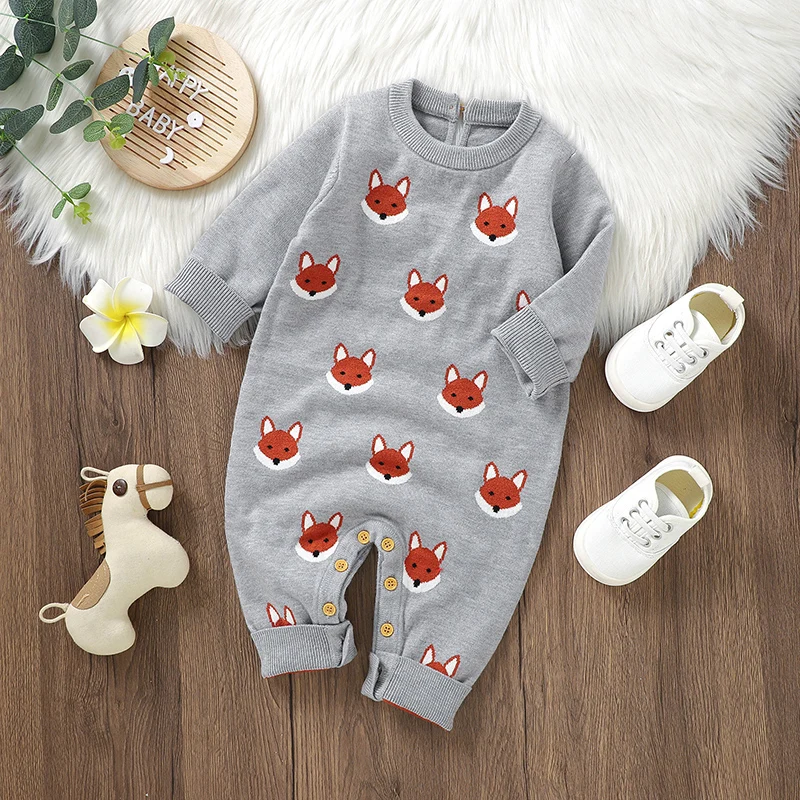 

Newborn Baby Romper Knitted Infant Girls Boys Jumpsuit Cute Cartoon Fox Autumn Kid Clothing Children Overalls 0-18M Outfits Warm