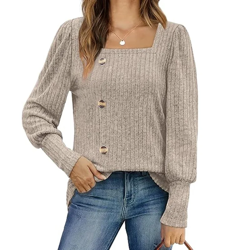 Shirt for Women 2023 Autumn and Winter Fashion New Button Square Neck Long Sleeve Top Solid Color Casual T-Shirt