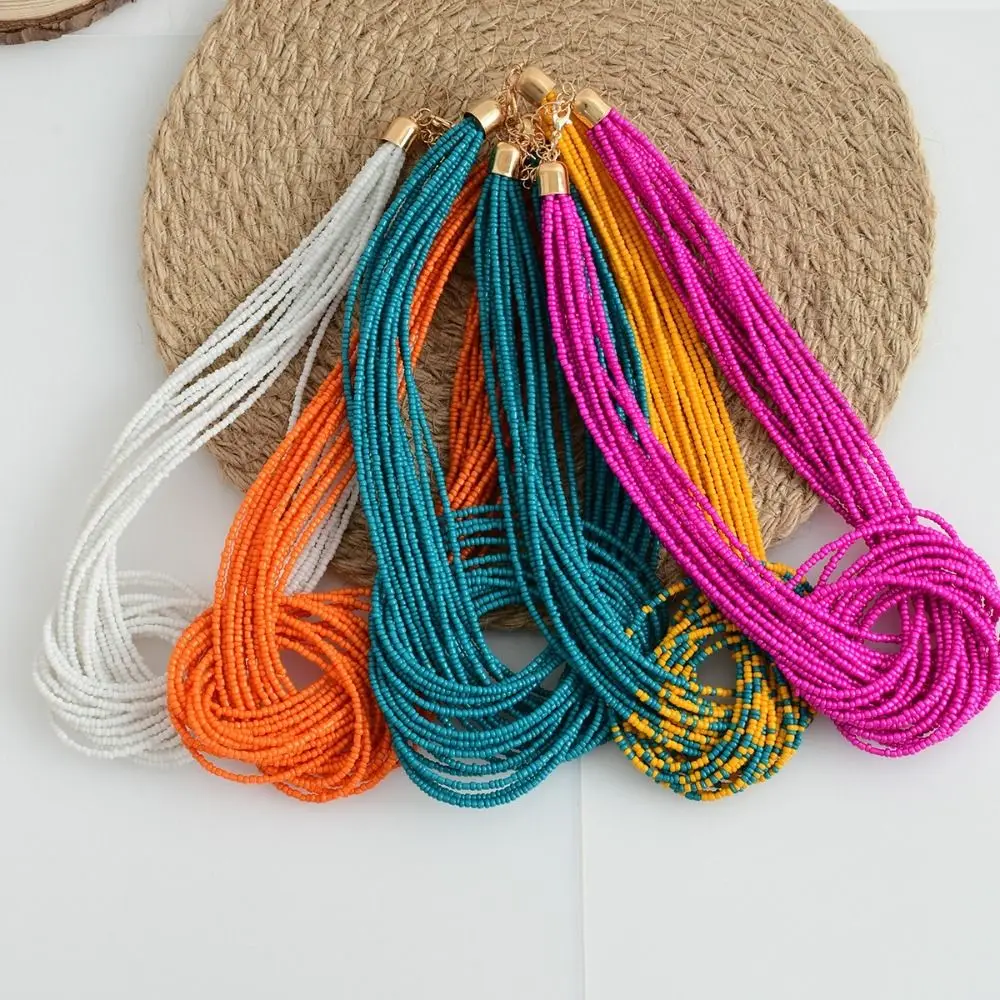Adjustable Rice Bead Necklace Multi-layer Tie Knot Design Sweater Chain Hand-woven Bohemia Style Multi-layer Necklace