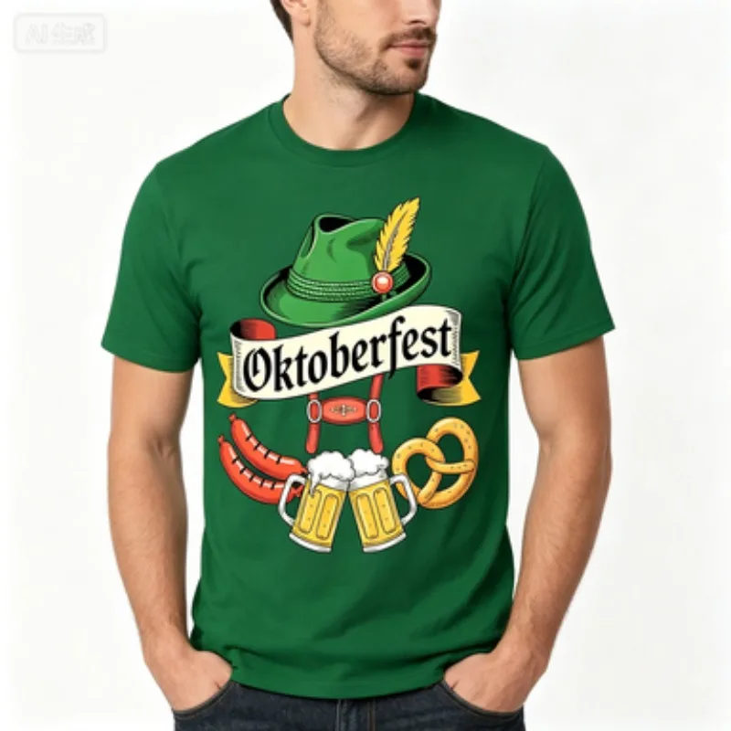 Men  T‑shirt, Oktoberfest German Beer Festival Graphic Print With Hat Sausage Pretzel Short‑sleeve Tee Holiday Male Casual Tops