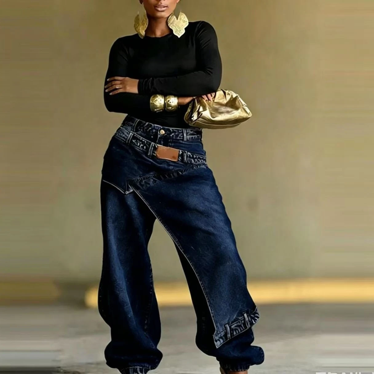 Women Fake Two-Piece Patch Layered Washed Denim Jeans High Waist Cuffed Wide Leg Long Pants New Streetwear Loose Denim Trousers